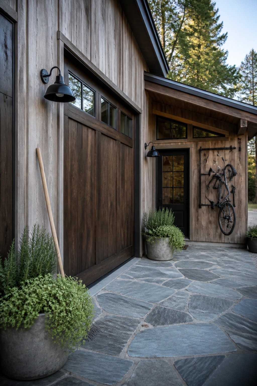 Rustic wooden home with dark garage door, stone patio, potted plants, and mounted bicycle.