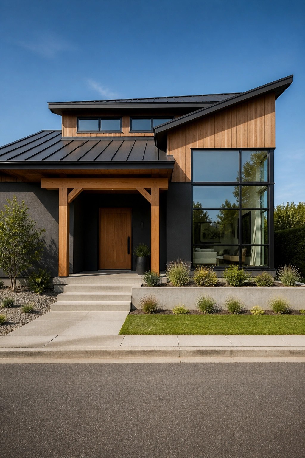 Modern farmhouse exterior with dark siding, natural wood beams and accents around the entry porch, black metal roof, and large black-framed windows.