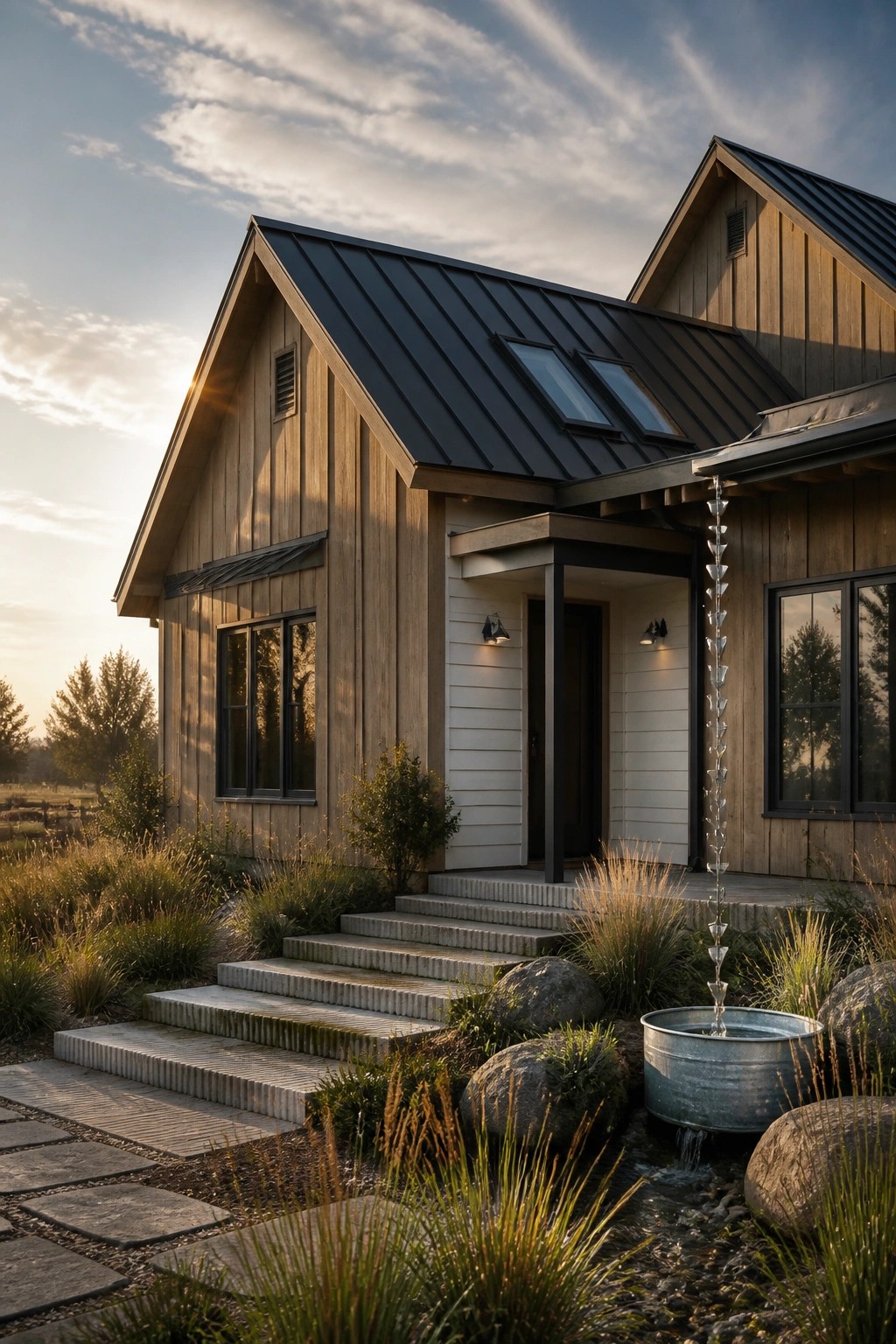 Modern farmhouse exterior featuring light wood siding, a black metal roof with skylights, white siding at the entry, and a front porch with concrete steps.