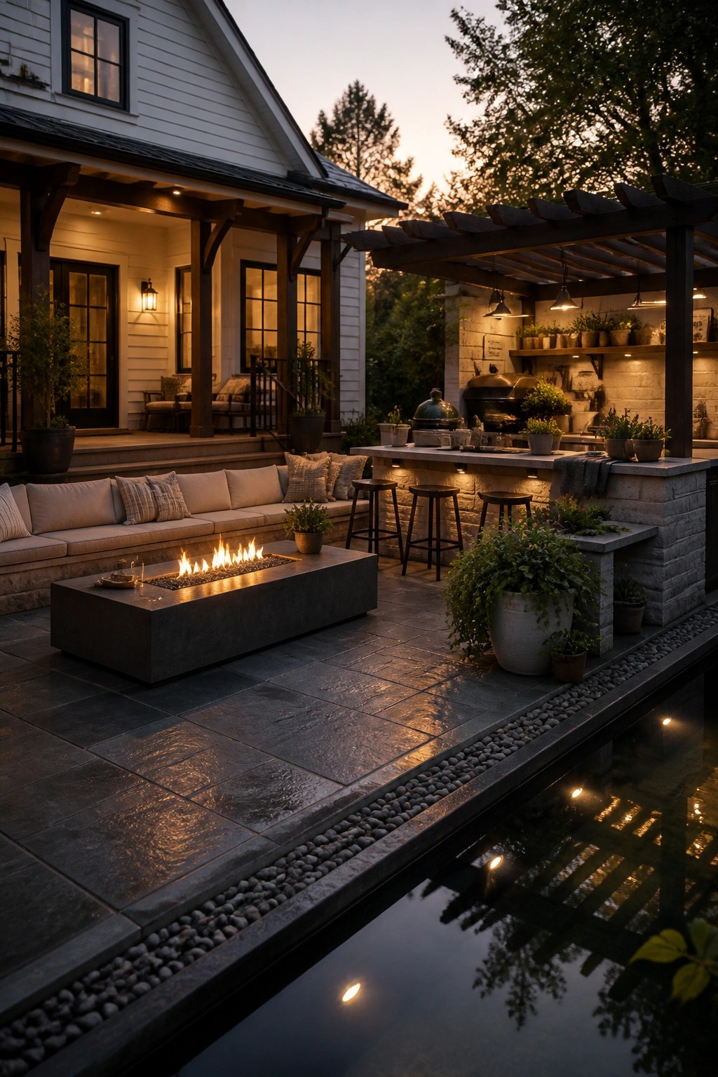 A modern farmhouse patio at dusk featuring a covered outdoor kitchen with bar stools, a rectangular fire pit with seating, and a long water feature along the stone pavers.
