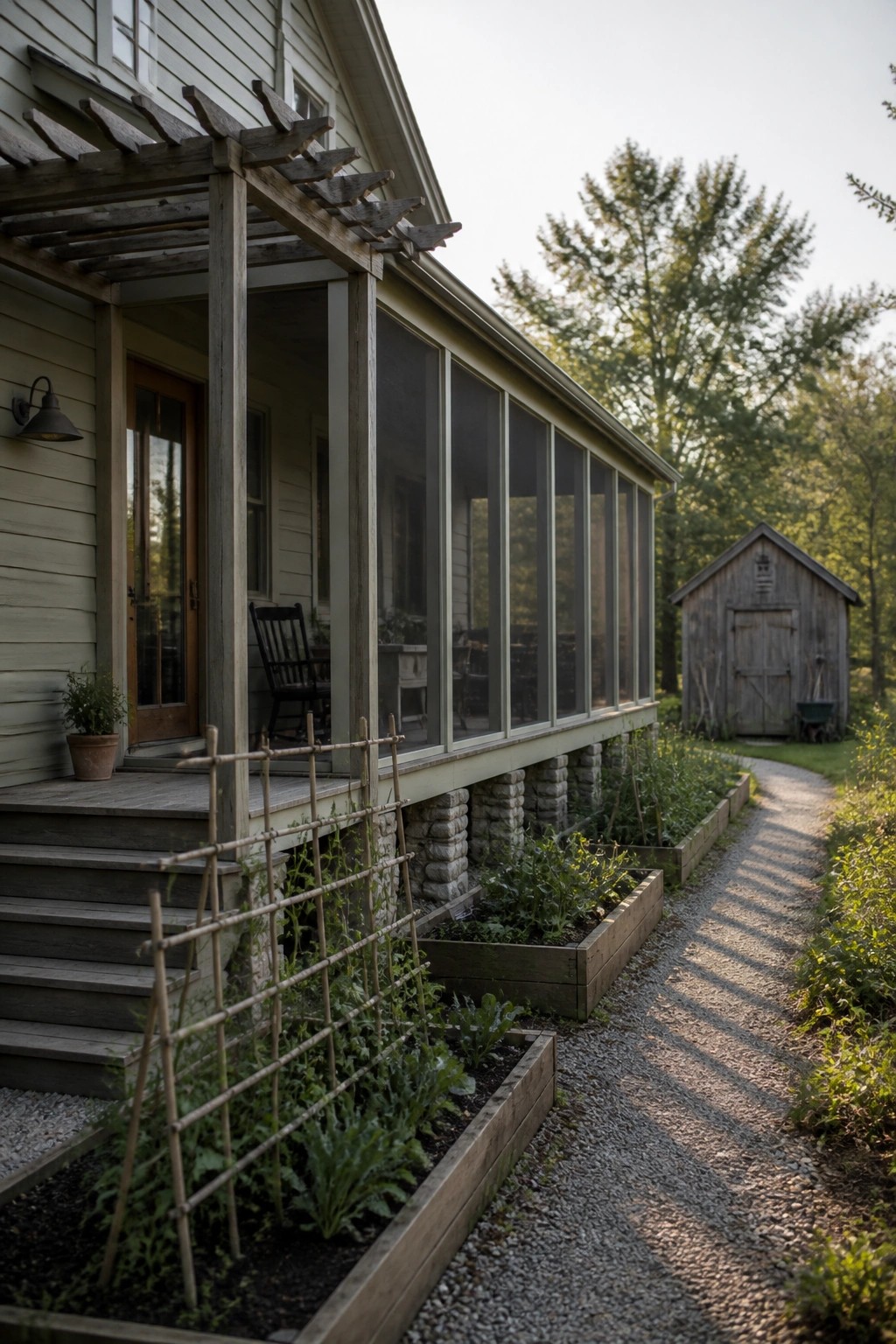 Rustic house with screened porch, raised gardens, and gravel path to shed.