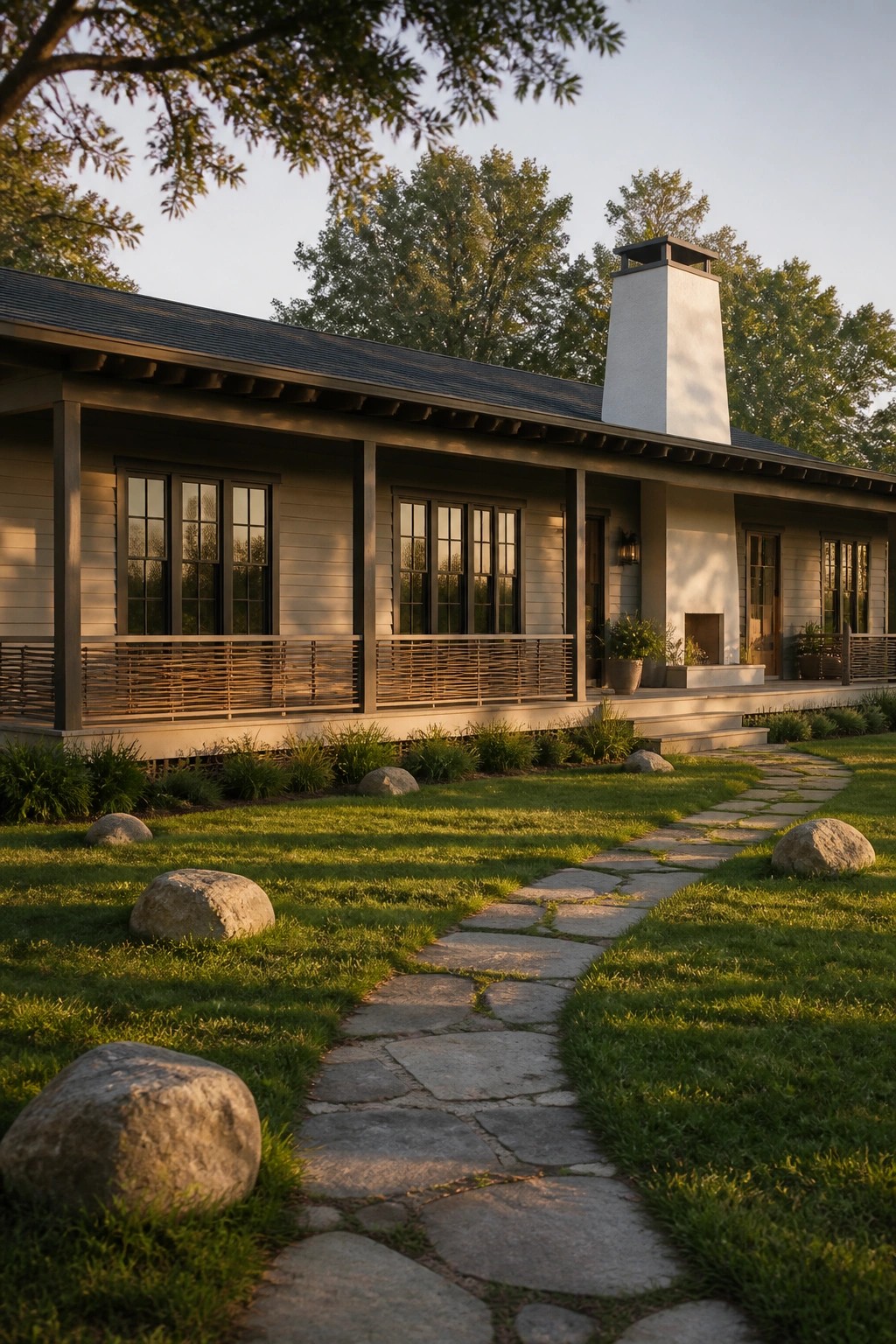 A modern farmhouse exterior with a winding stone pathway leading across a green lawn toward the front porch.