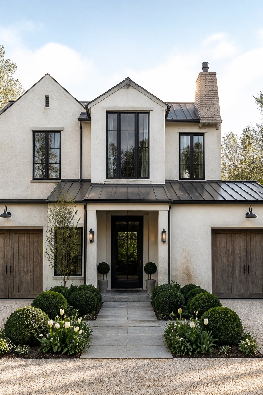 Front view of a two-story modern farmhouse with light stucco walls, black-framed windows arranged symmetrically around a central black door, two wooden garage doors, and a stone walkway leading to the entrance.