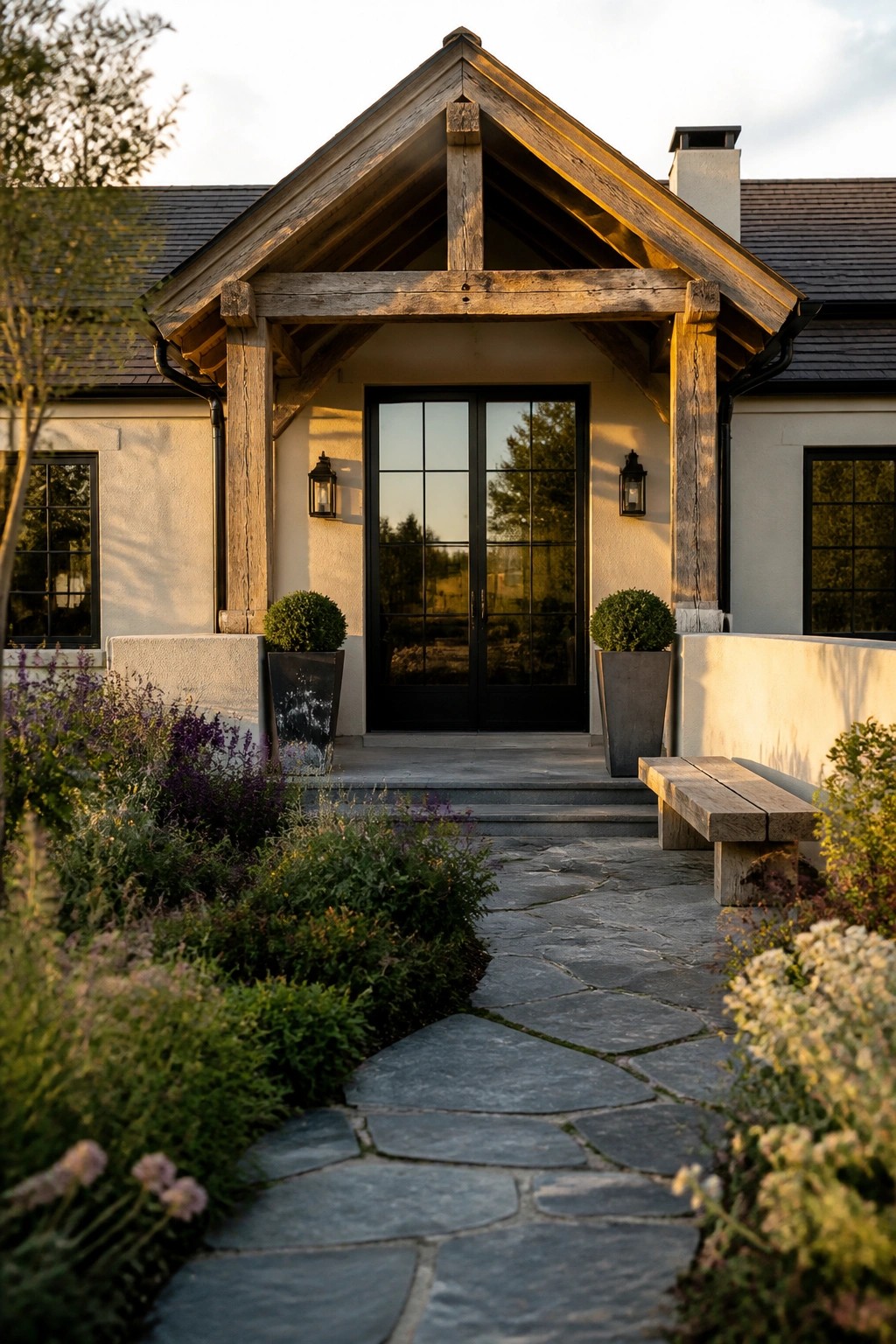 A modern farmhouse front entrance with a wooden gabled porch supported by heavy timber posts, black double doors, stone pathway, and planted beds on either side.