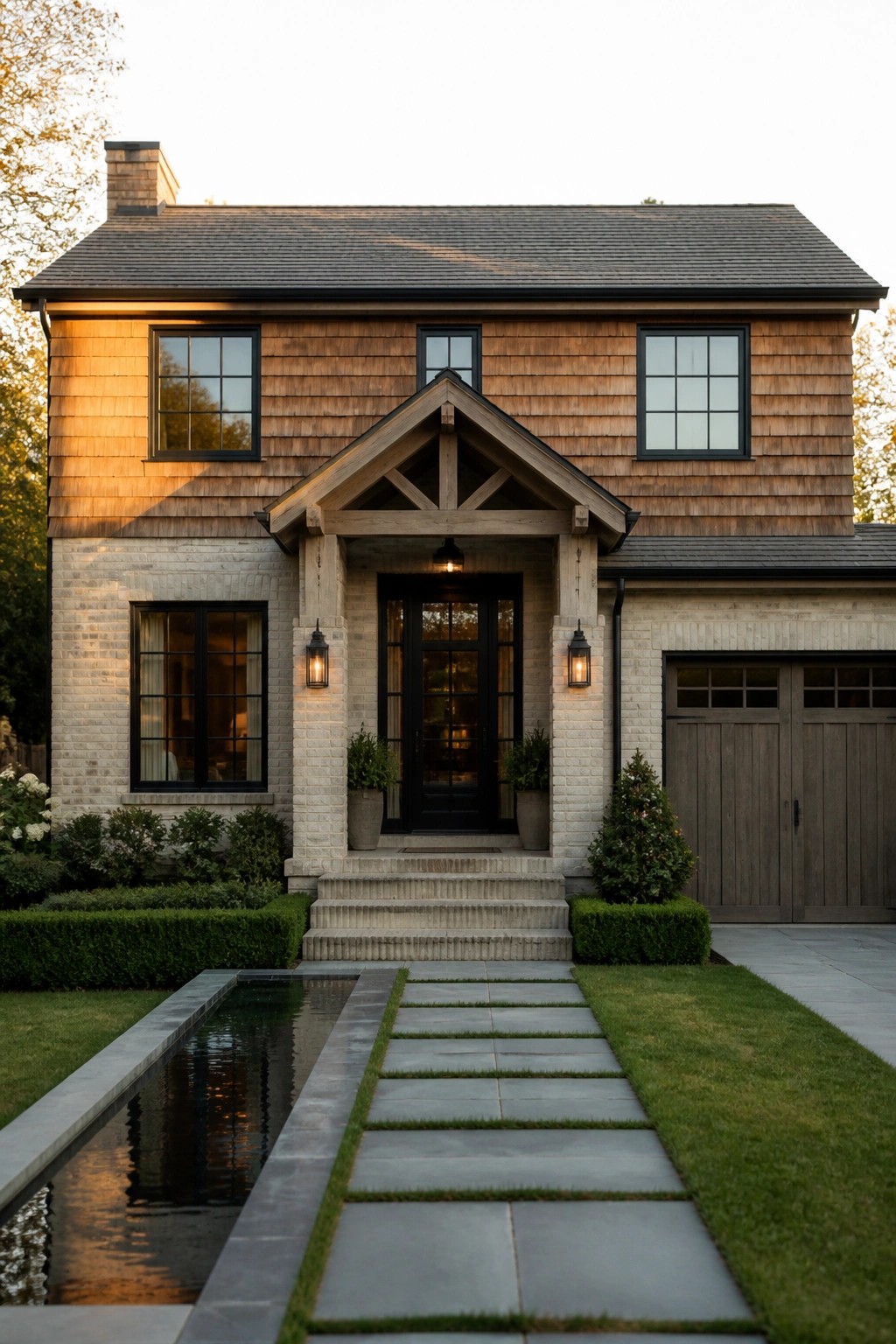 A two-story modern farmhouse with wood shingle siding on the upper level, brick on the lower level, a timber gable porch over a black front door, stone steps, and a stone pathway beside a narrow water feature.