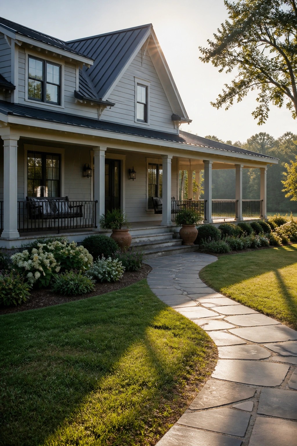 A white modern farmhouse with a dark metal roof, a wide front porch supported by white columns, black railings, and a curving stone pathway leading to the steps.