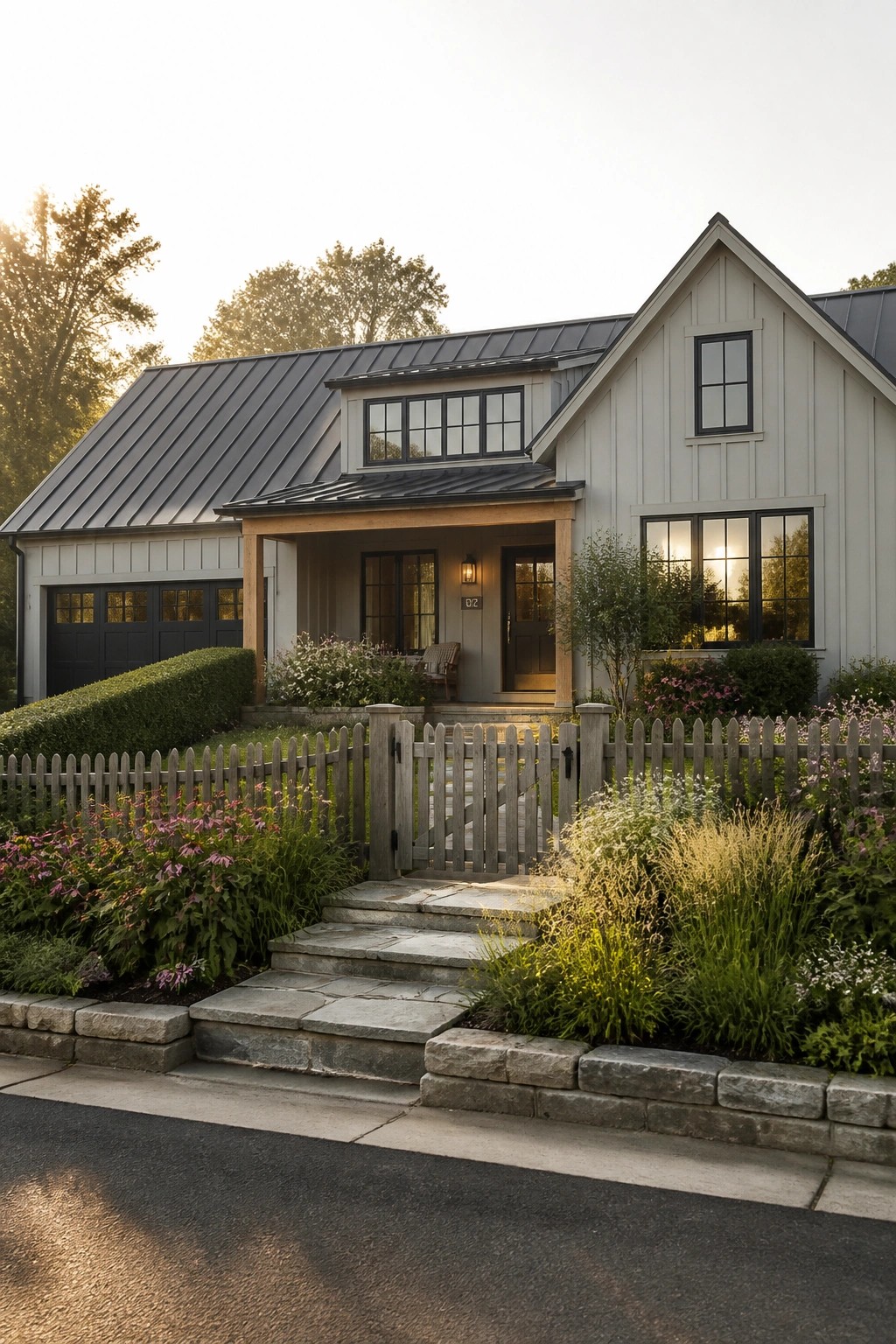 A modern farmhouse with light siding, dark metal roof, covered front porch supported by wood posts, stone steps, and a wooden picket fence bordered by gardens.