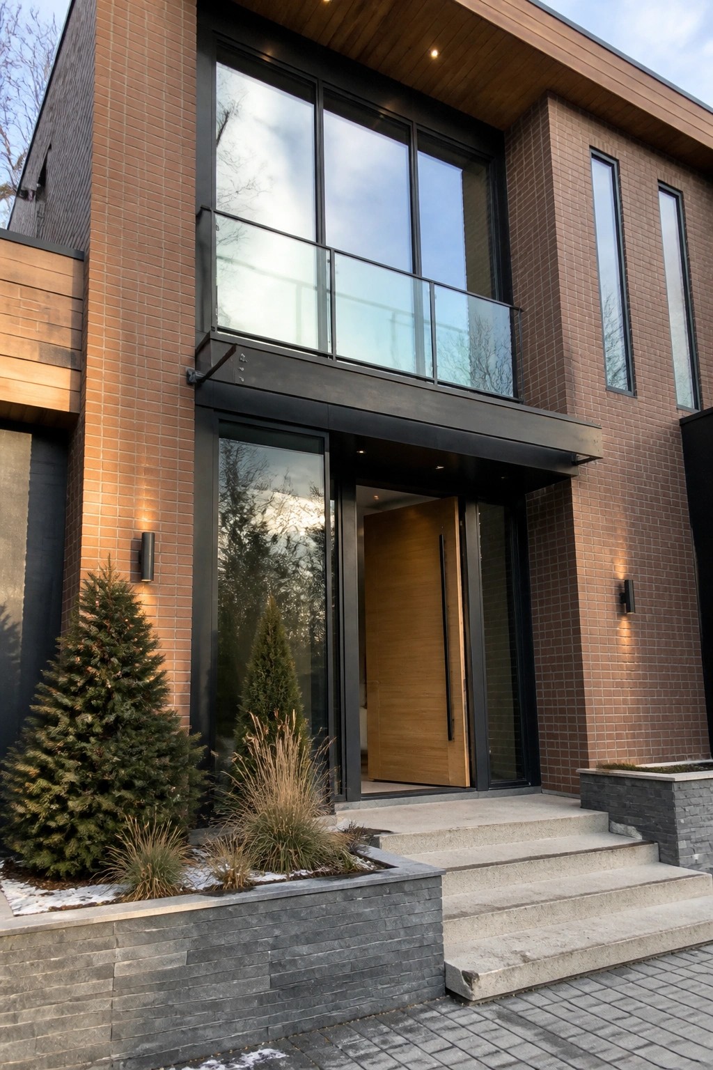 A modern house exterior featuring brown brick walls, a wooden front door beneath expansive double-height black-framed glazing, concrete steps, and low landscaping with evergreen shrubs.