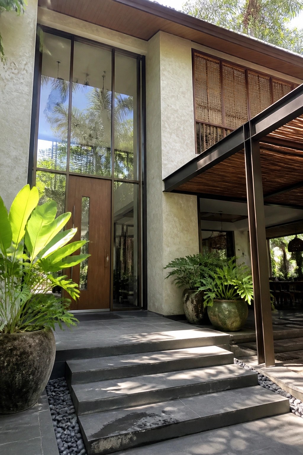 A house entrance with tall glass panels next to a wooden door, stone steps leading up, and large potted plants on both sides.