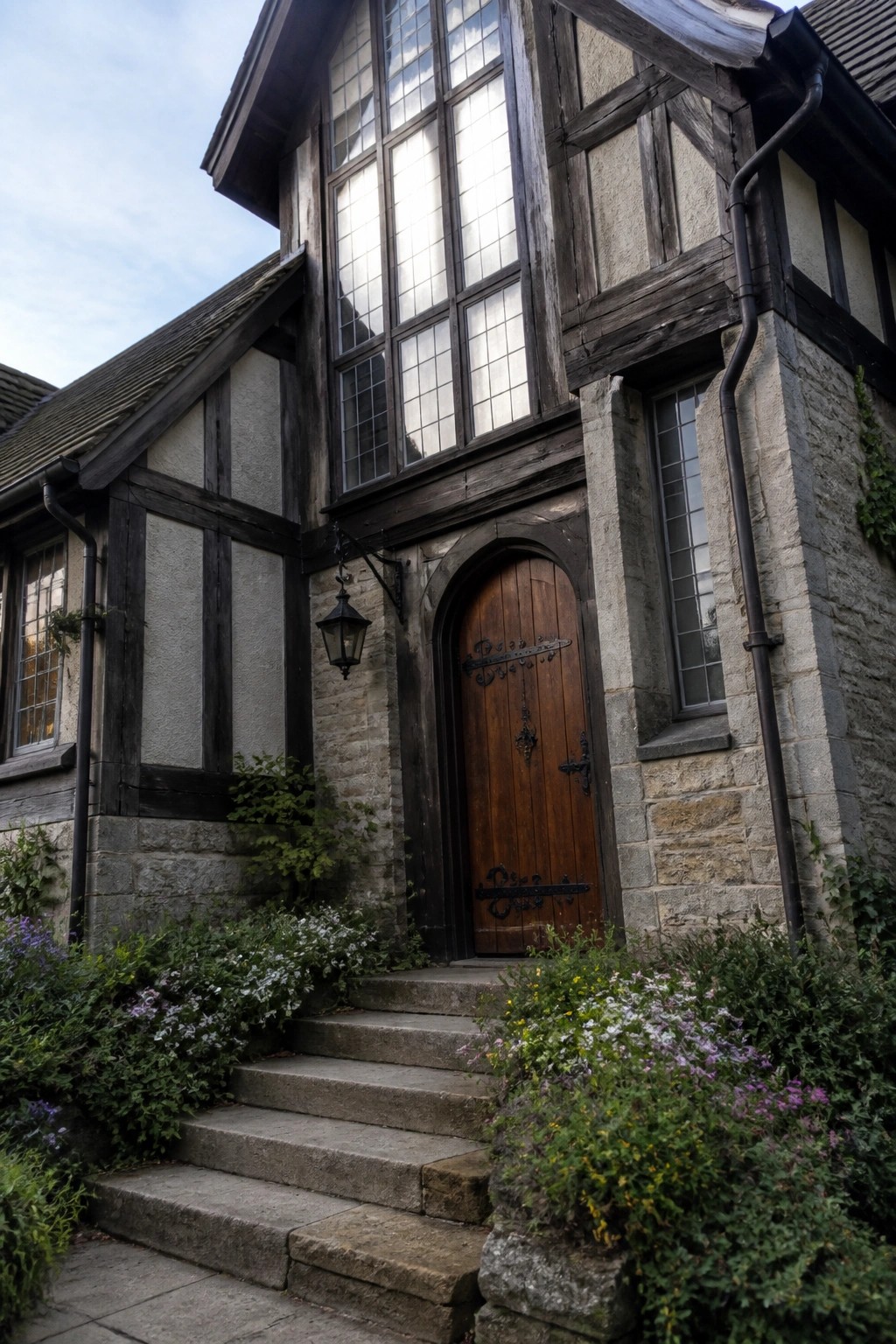 Tudor-style stone house entrance with arched wooden door and flower-lined steps