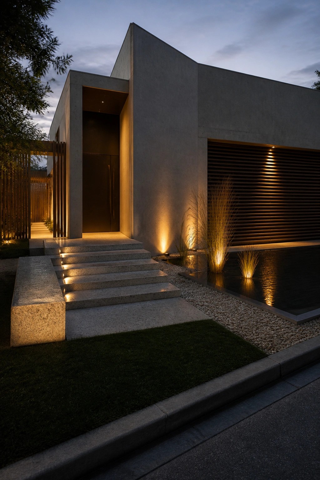 Modern concrete house exterior at dusk with a large horizontal slatted garage door set into the facade beside a recessed dark entry and a narrow reflecting pool edged with tall grasses.