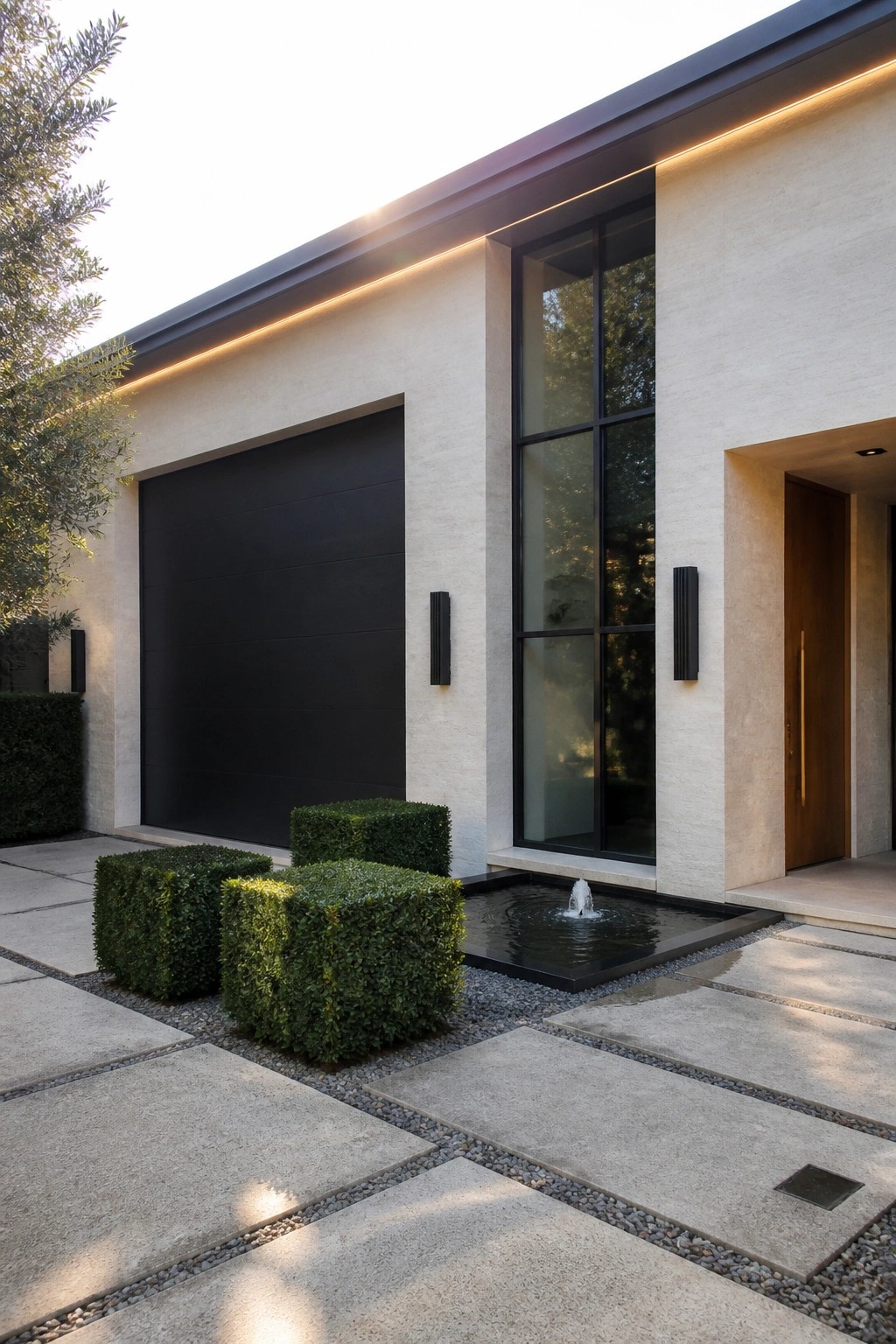Modern house exterior with a large black garage door on a light stone facade, a tall black-framed window, a small water feature, and square green shrubs on gravel beside concrete pavers.