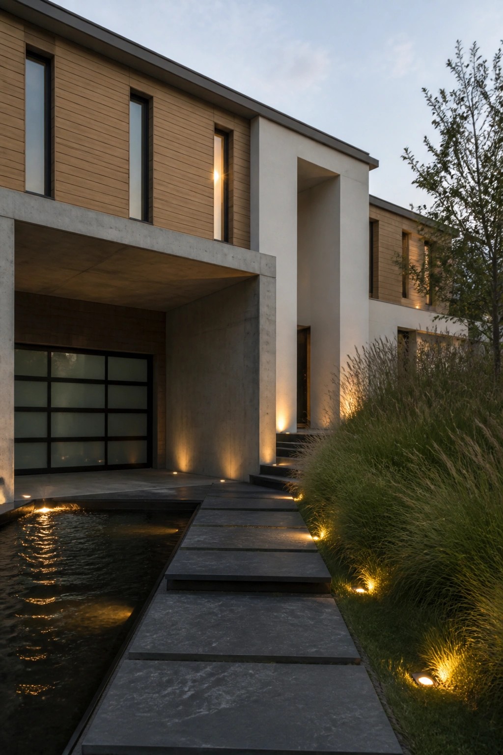 Modern house exterior with a dark framed garage door recessed under a large concrete overhang, wood siding on the upper level, and stone pavers crossing a shallow water feature.