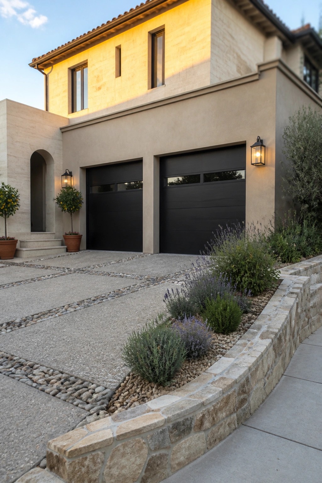 Two black modern garage doors integrated into a light beige stone house facade with a stone-paved driveway and low landscaping in front.