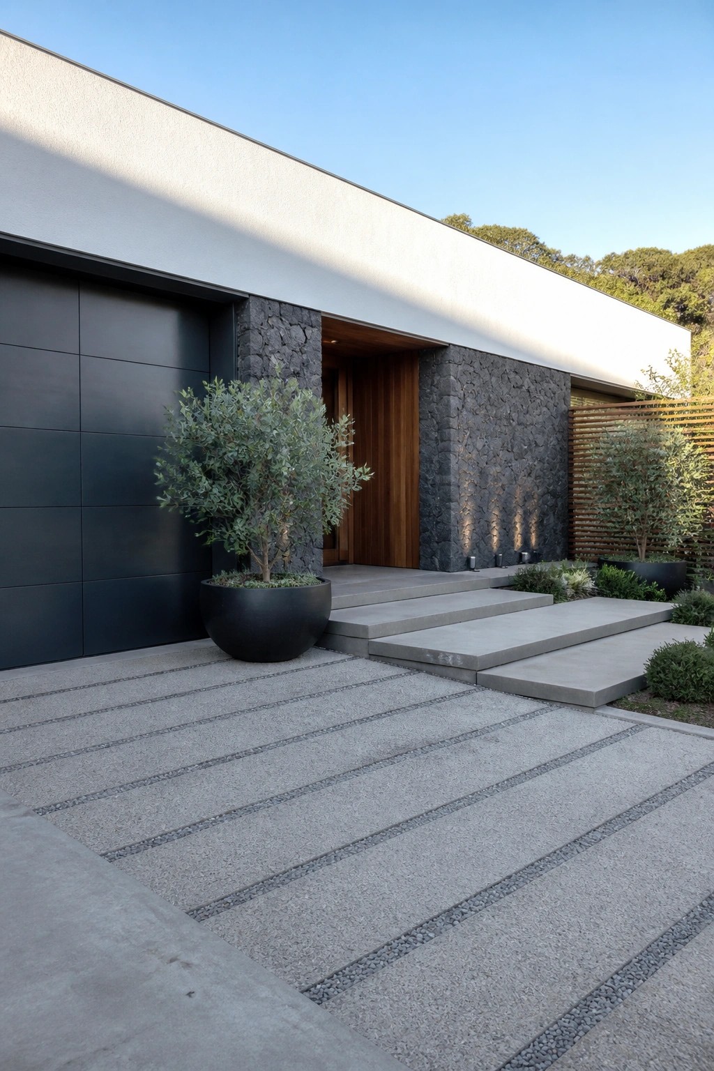 Modern house exterior showing a large dark paneled garage door on the left, a stone wall section, concrete steps leading to a wooden door, and a large black planter with a tree.