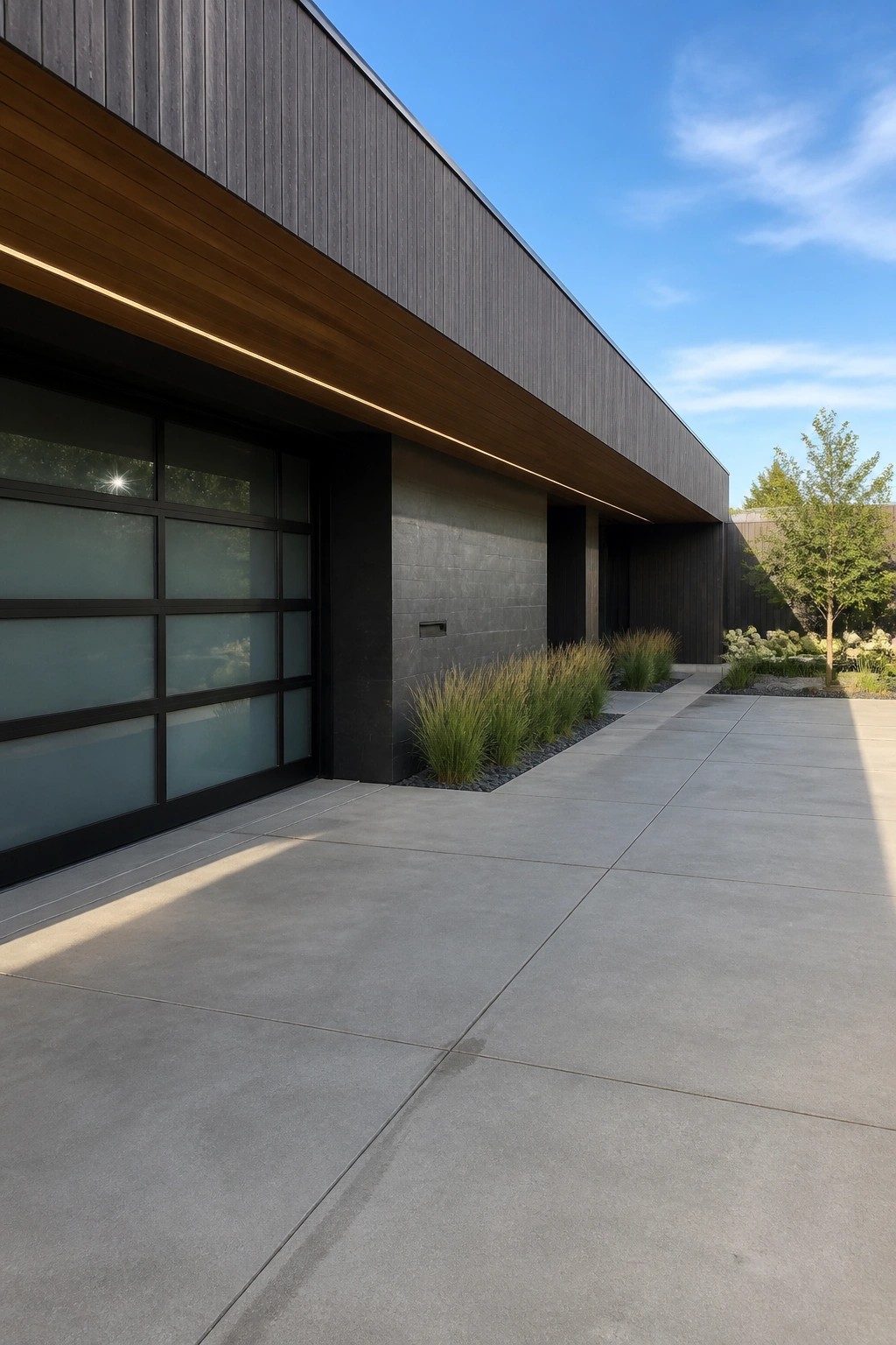 A modern house exterior with a large dark-framed glass garage door, dark vertical siding, a wooden overhang with a linear light strip, and a concrete driveway bordered by ornamental grasses.