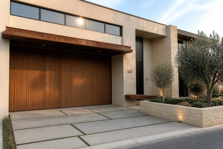 16 Sleek Modern Garage Designs Integrated Into Luxury House Facades Modern two-story house with light stucco walls, a large vertical wood slat garage door centered under a concrete overhang, and narrow horizontal windows above.