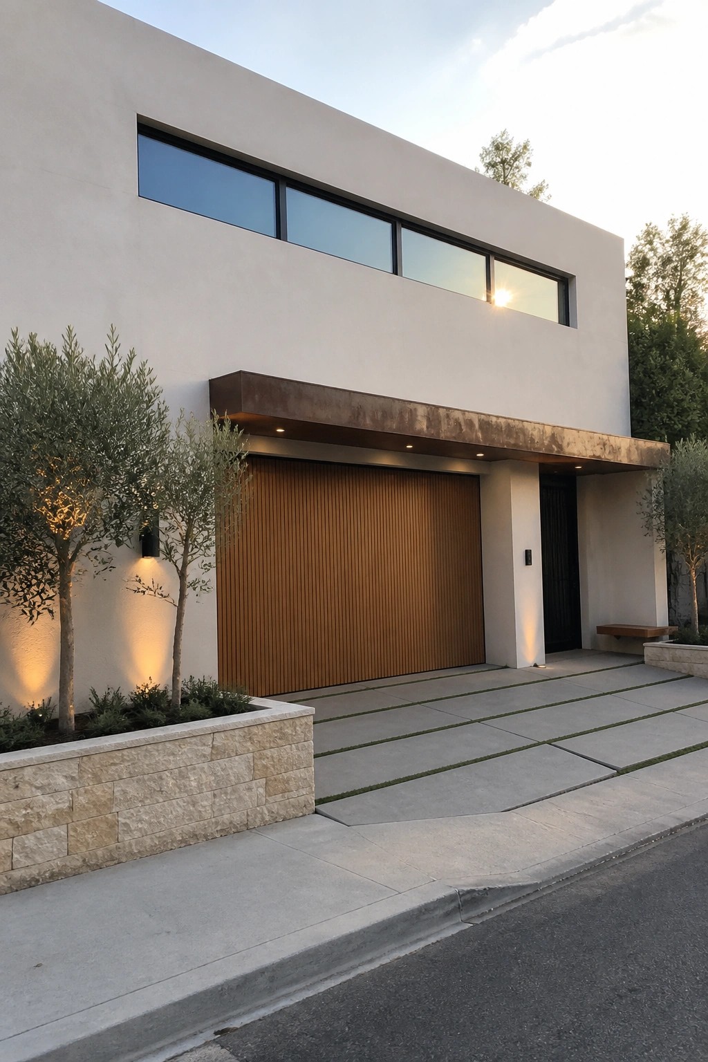 Modern two-story house with light stucco walls, a large vertical wood slat garage door centered under a concrete overhang, and narrow horizontal windows above.