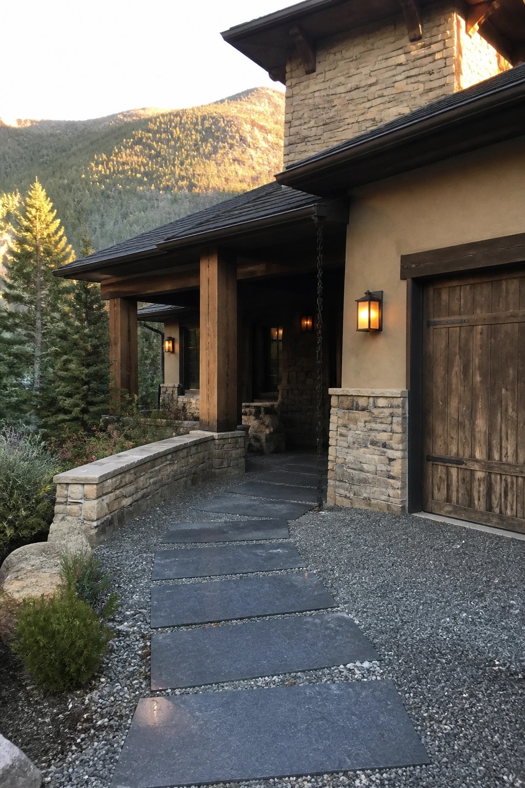A stone and stucco house exterior with a large wooden garage door on the right side and a stone pathway leading toward the covered entrance.