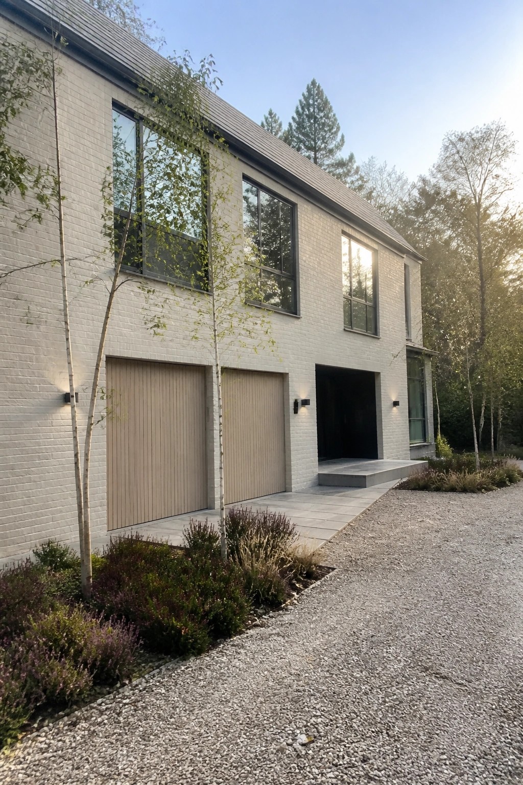 Modern two-story white brick house with three integrated garage doors, large windows, and a gravel driveway bordered by low shrubs.