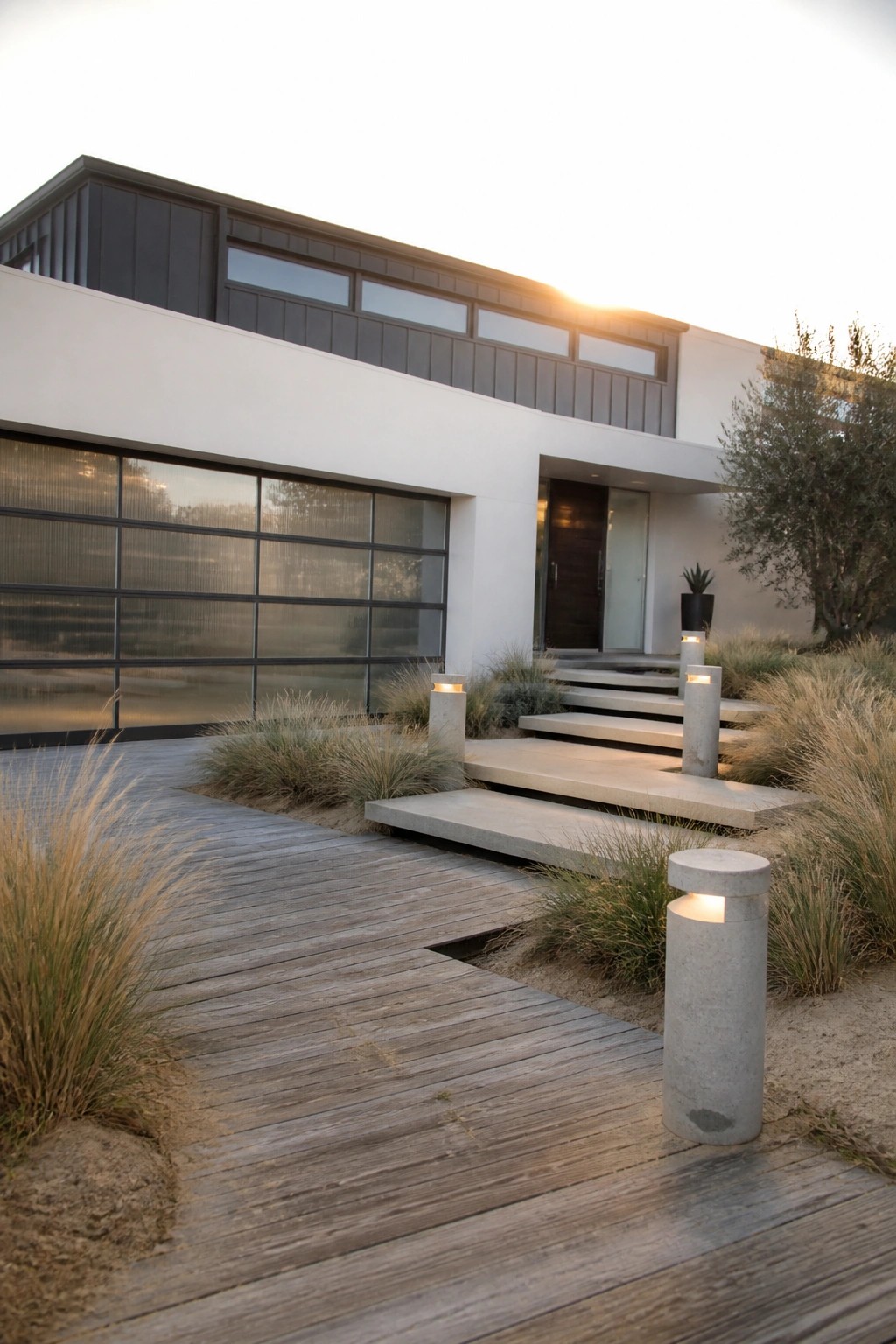 Modern white house with wooden walkway, concrete steps, and glowing bollard lights at dusk.
