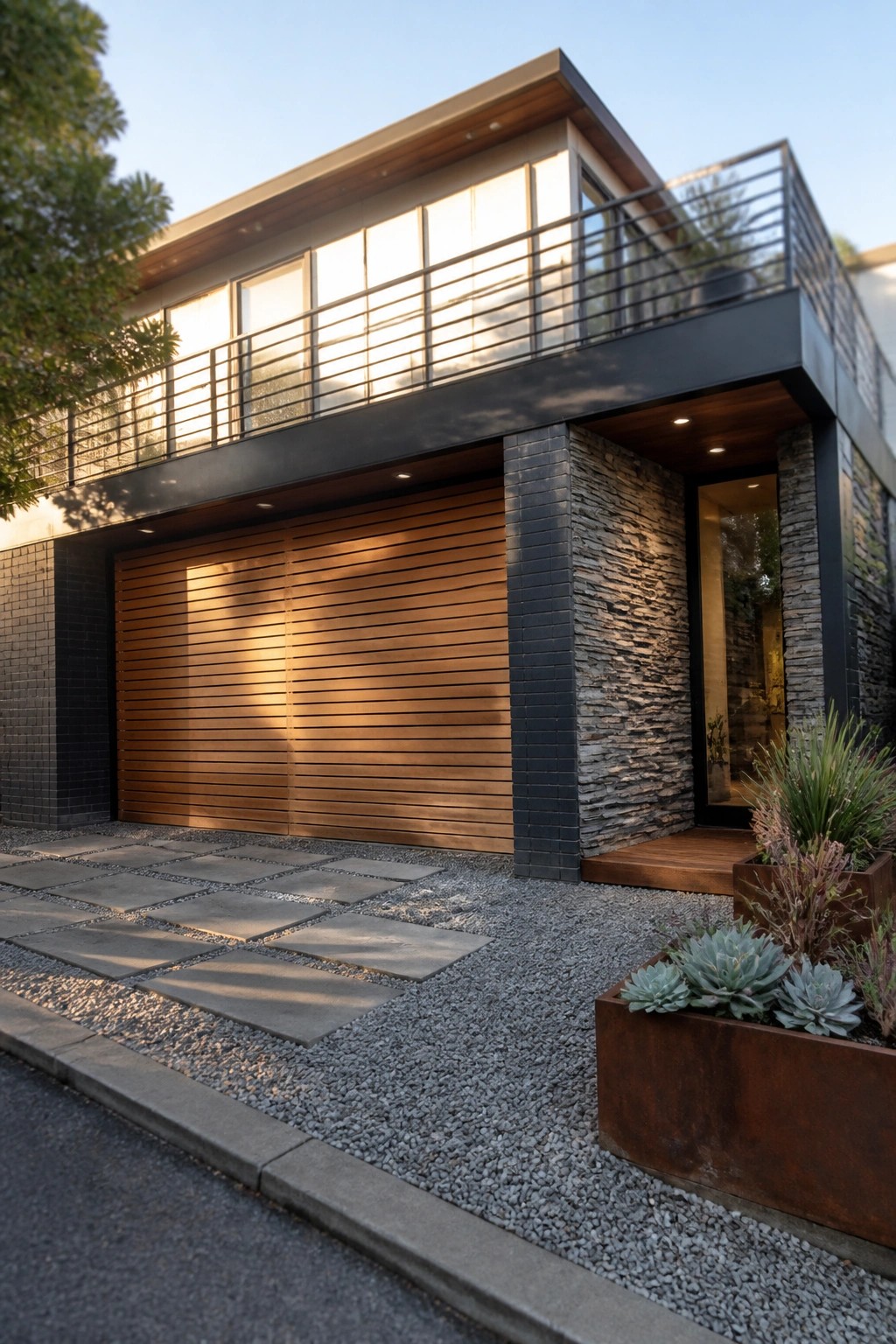 A modern house exterior with a large horizontal wood slat garage door, stone pillars on either side, and a dark metal balcony railing above.