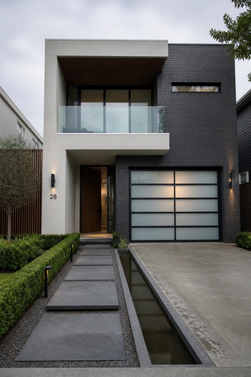 A modern two-story house facade showing a large frosted glass garage door with black frames on the right side next to a dark wood entry door under a cantilevered balcony.