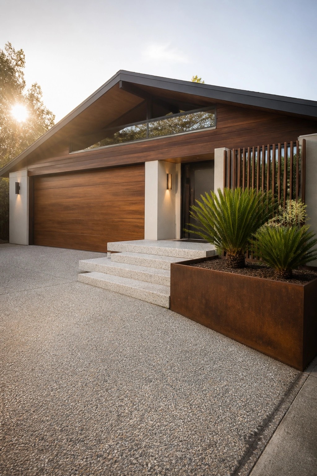 Modern house exterior with a large horizontal wood garage door set into matching wood siding, concrete steps to the entry, and a rusted metal planter with green plants beside the door.