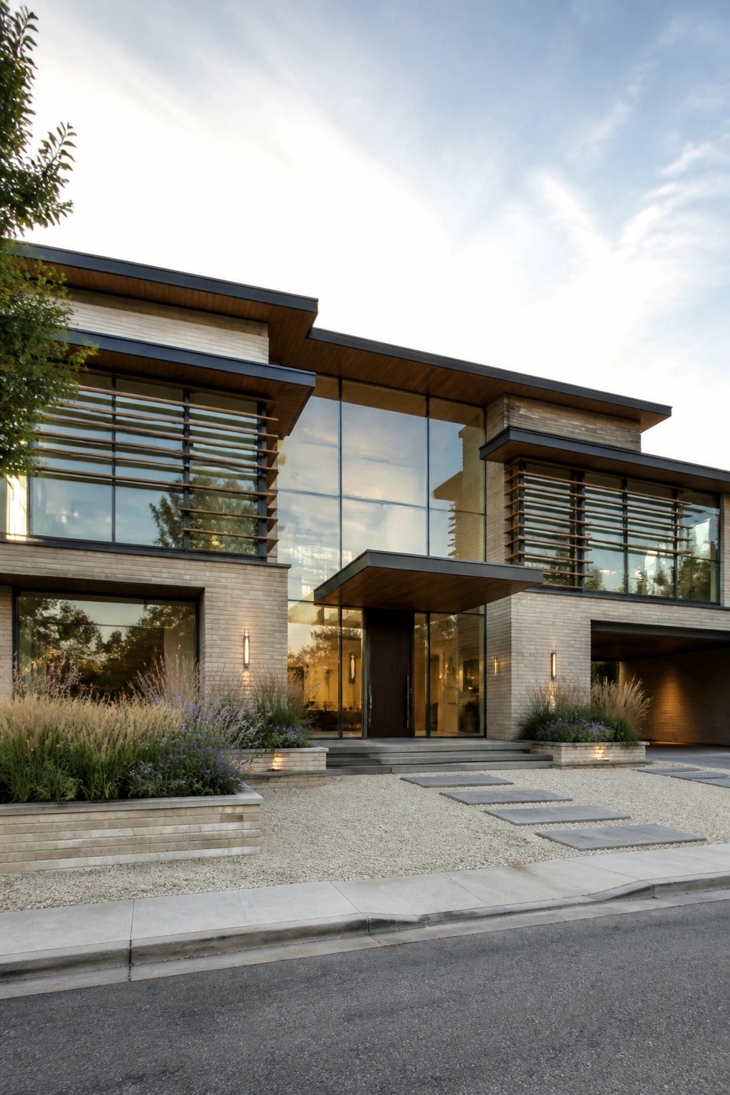 A modern two-story house exterior with brick walls, large glass windows fitted with horizontal wood louvers, a central wood overhang above the entry, and a gravel driveway with concrete stepping stones.