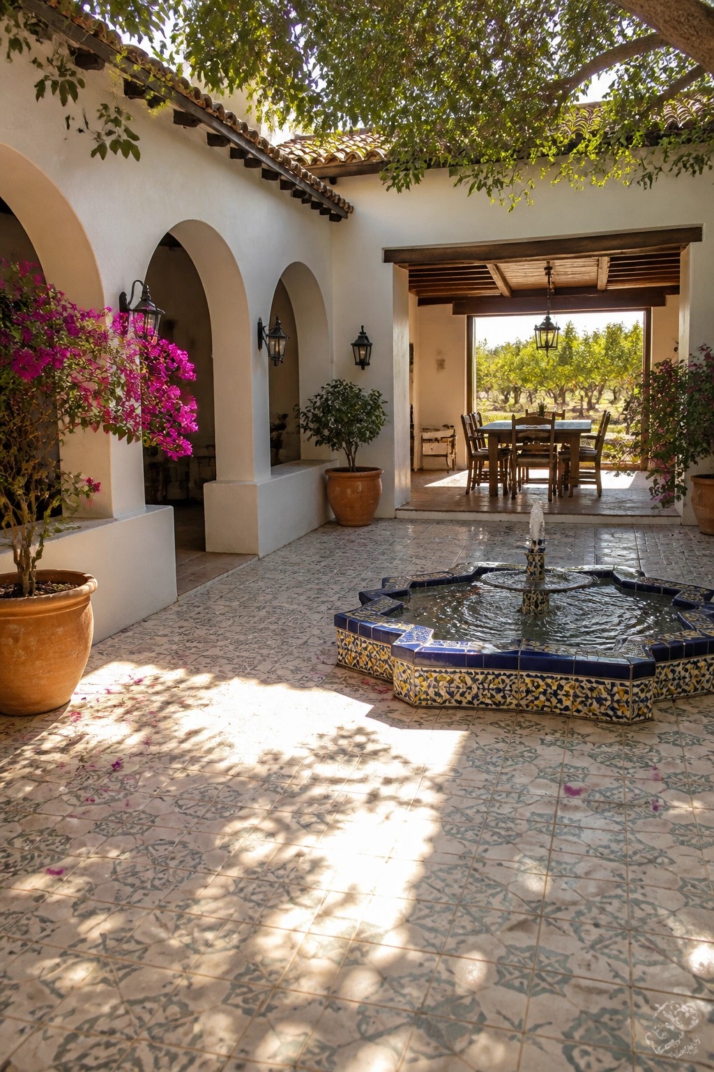 A sunlit courtyard with a central tiled fountain, white arched walls, potted plants, and an open view to an outdoor dining area.