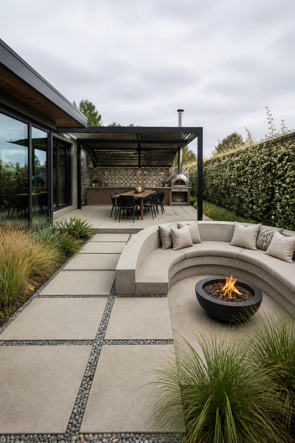 Modern patio with curved concrete fire pit seating, dining table, and outdoor kitchen