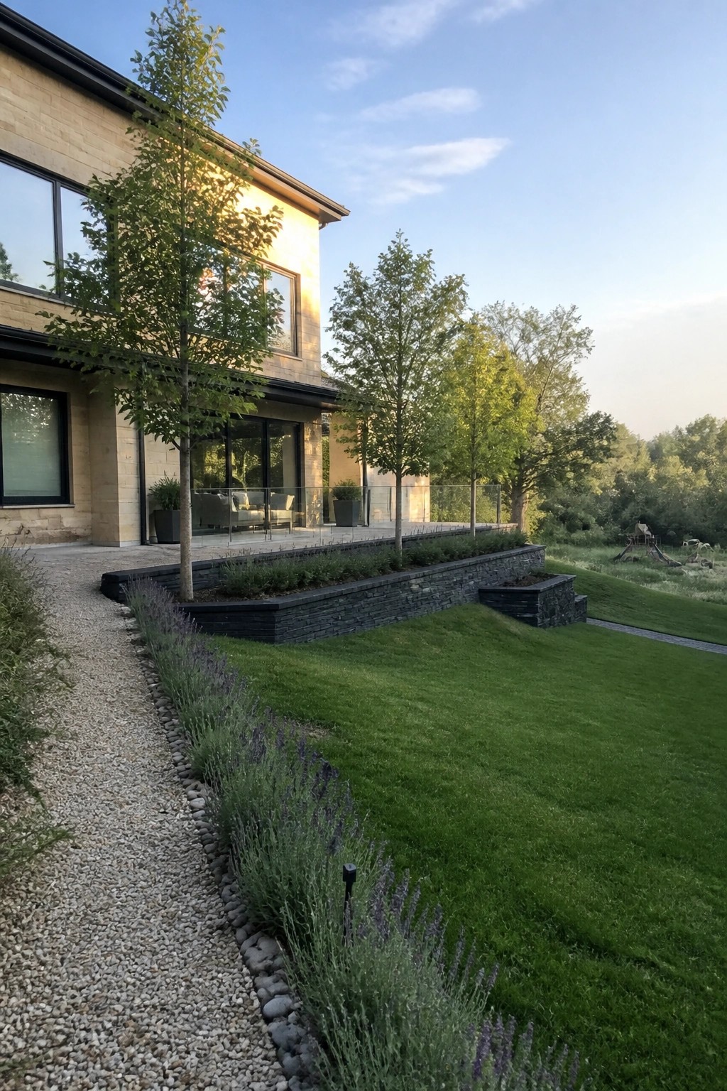 Modern stone house with large windows, patio, lavender garden, trees, and green lawn at dusk