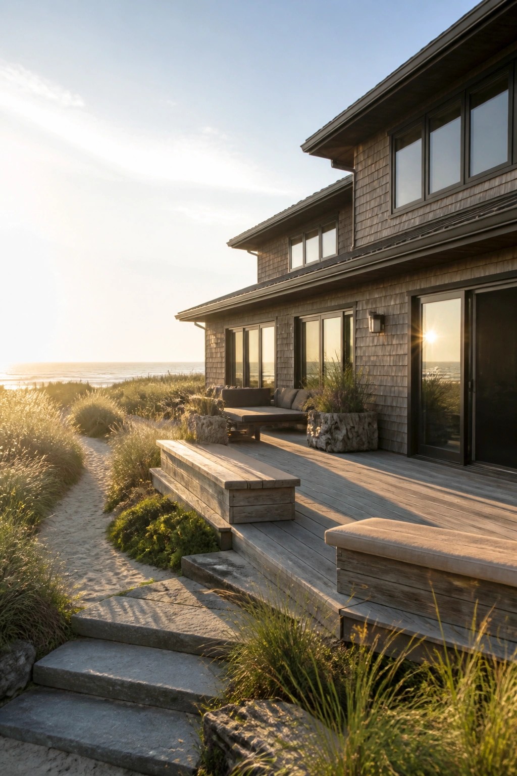 A modern wood-shingled house with a multi-level gray deck, stone steps, and a sandy path through beach grasses leading toward the ocean.