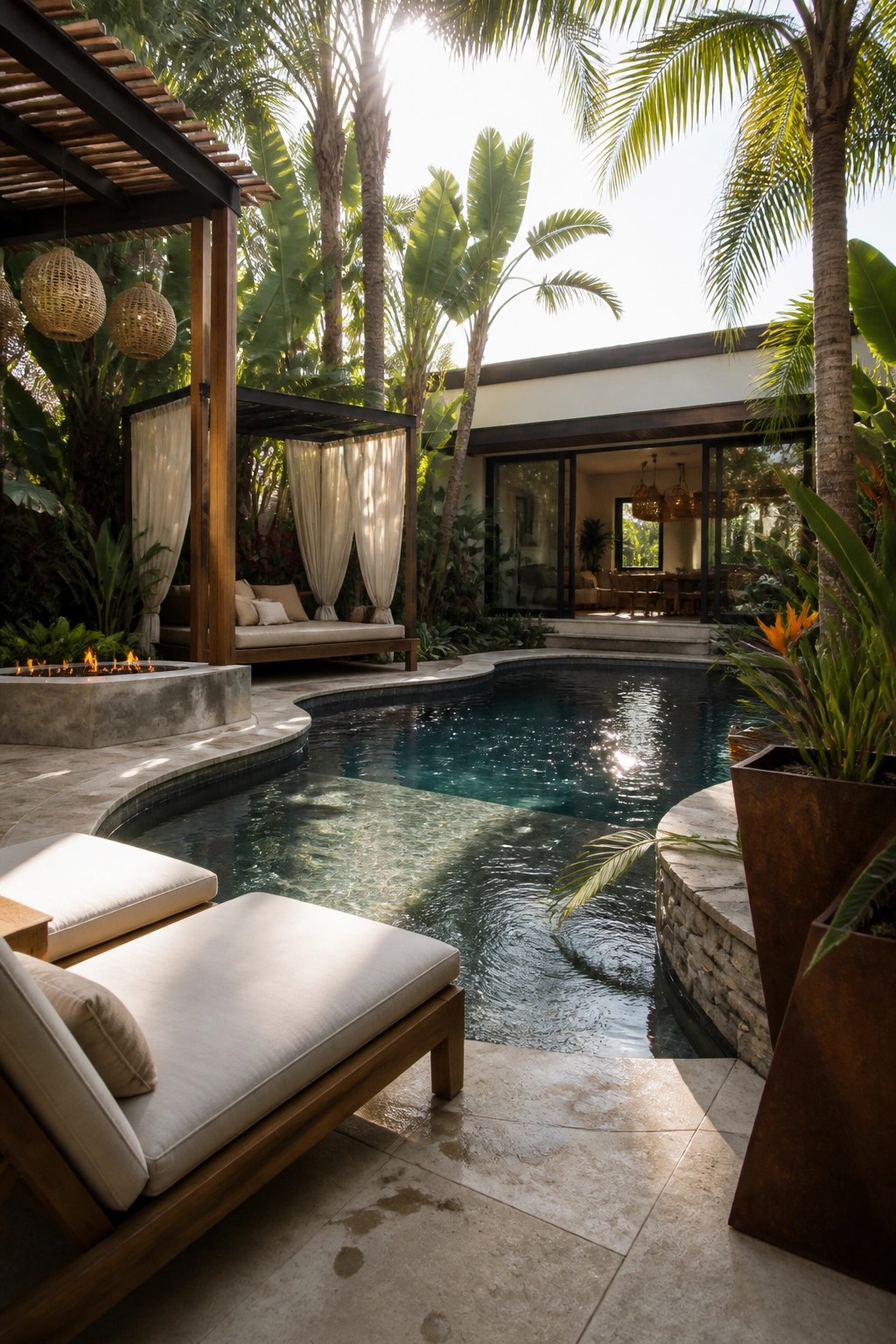 A swimming pool with a wooden cabana featuring white curtains and a daybed, a concrete fire pit, lounge chairs on the deck, and tropical plants and palm trees around the area.