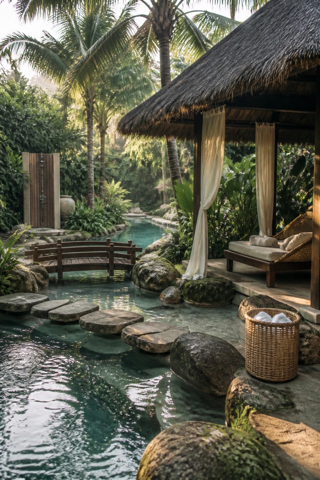 A tropical pool area with a thatched cabana, wooden lounge chair, stepping stones across the water, and a small wooden bridge surrounded by rocks and palm trees.