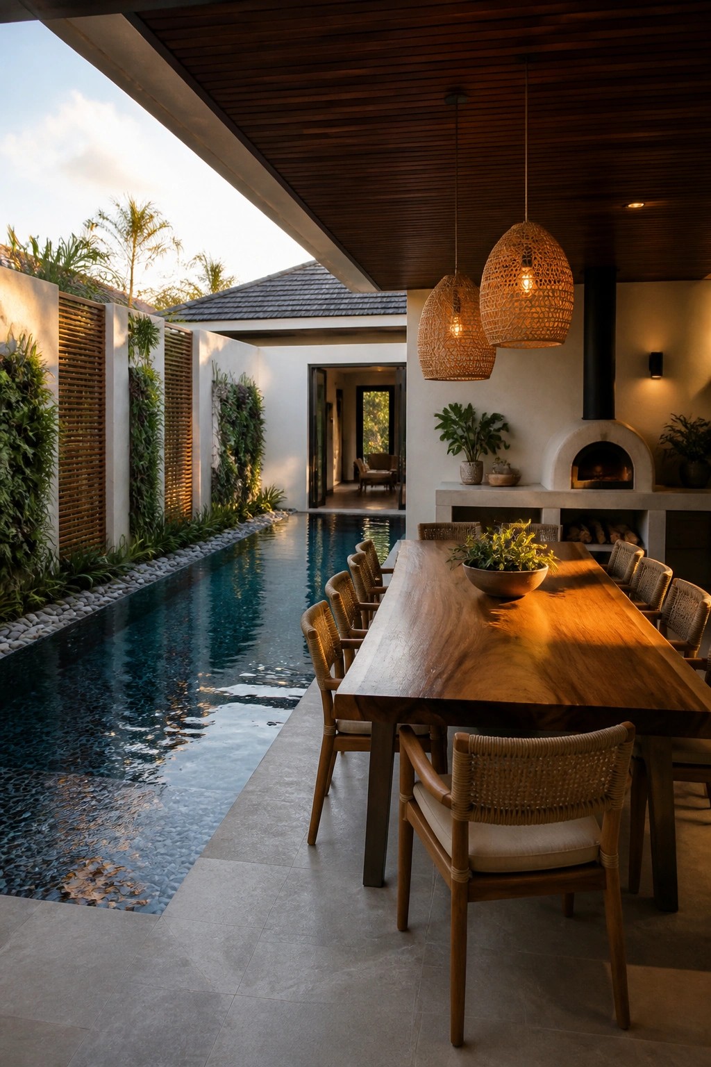 A long wooden dining table with woven chairs sits on a stone patio directly beside a swimming pool under a covered wooden ceiling with hanging lights and a built-in oven.