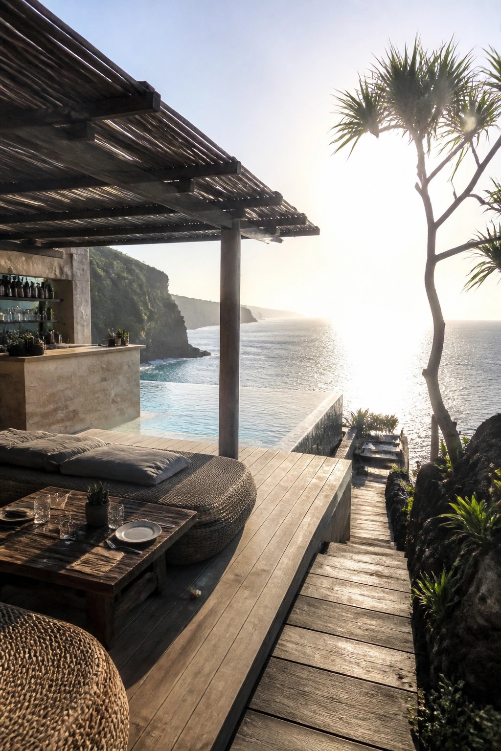 A wooden deck with lounge seating, a bar area, and an infinity pool overlooking the ocean.