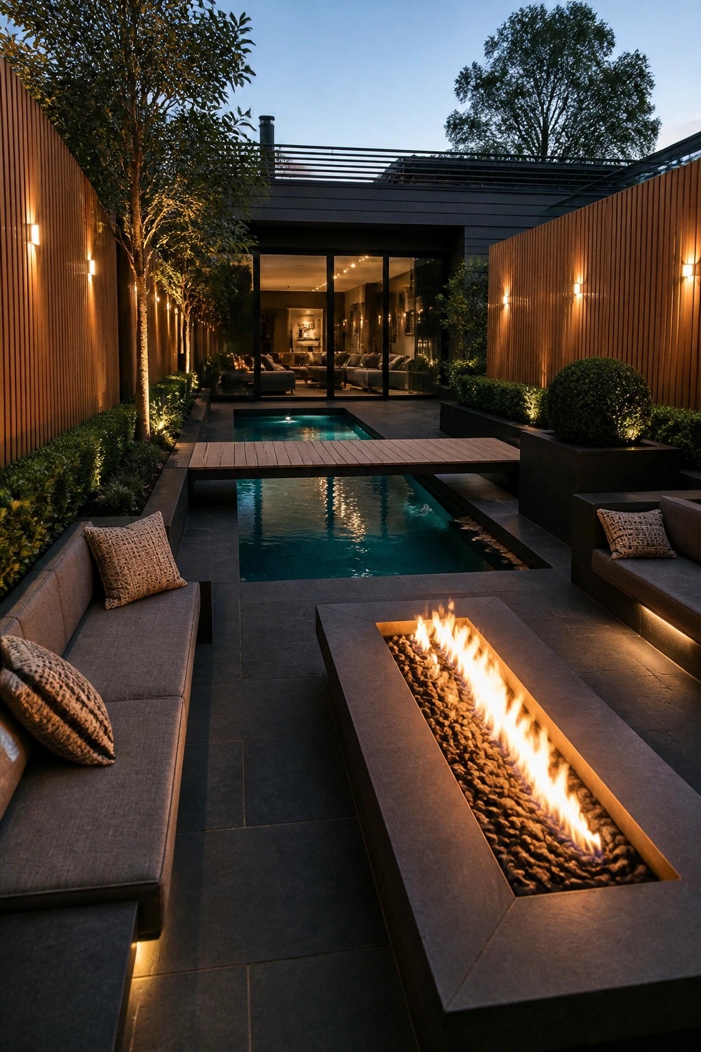 Modern villa courtyard with a long rectangular pool, wooden deck bridge across it, built-in gray seating on both sides, and a linear fire pit filled with stones in the foreground.