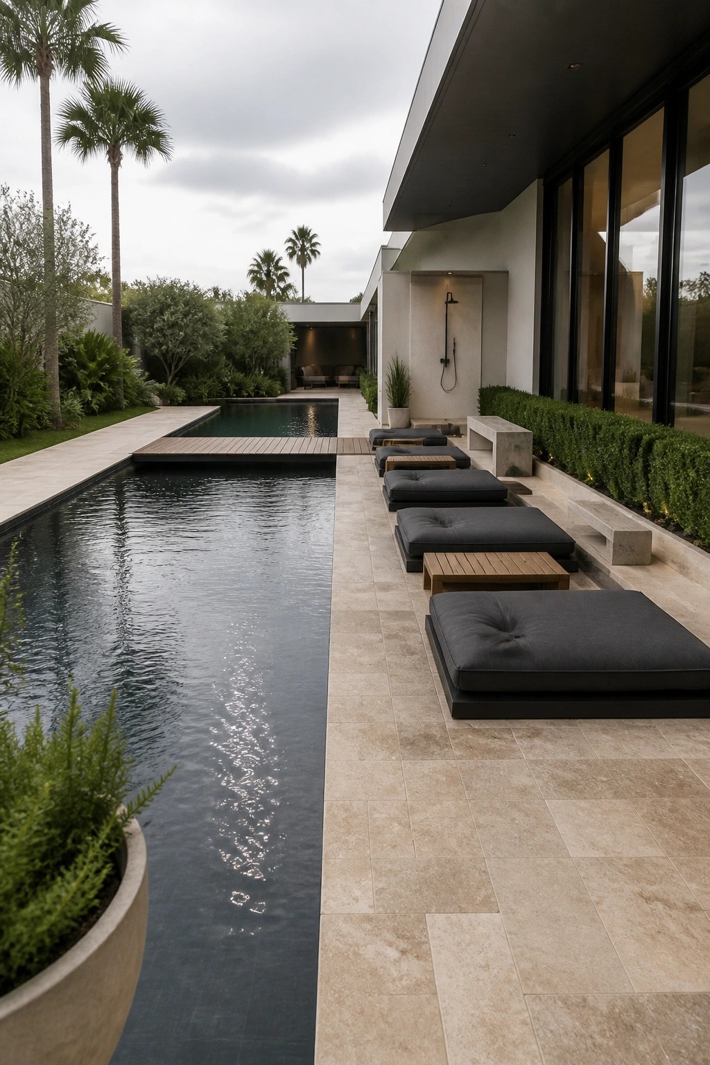 A long rectangular pool with dark gray lounge chairs arranged along one side on a light stone terrace next to a modern house with large glass doors.