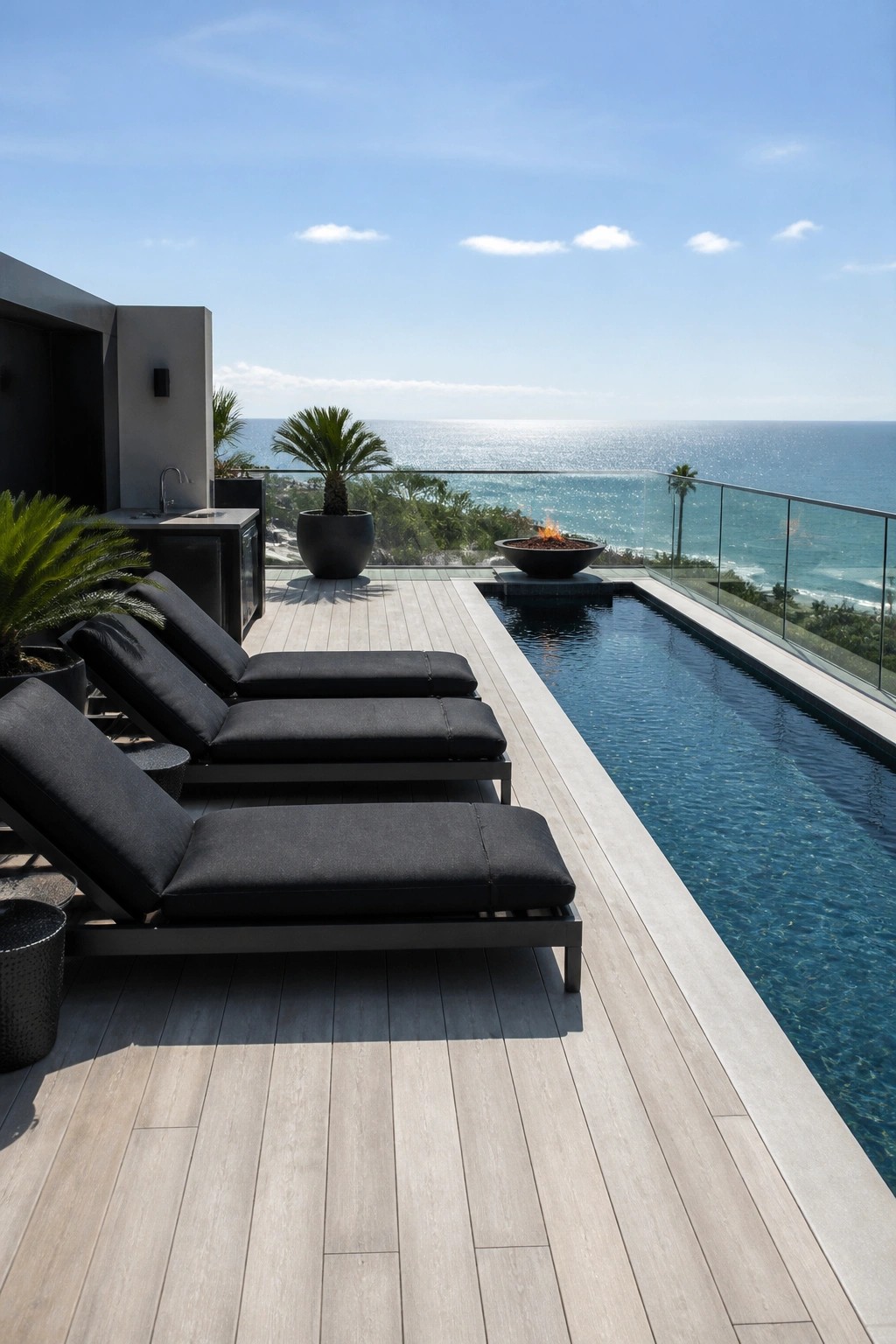 Three dark lounge chairs arranged in a row on a light wooden deck next to a long swimming pool with a fire pit and ocean in the background.