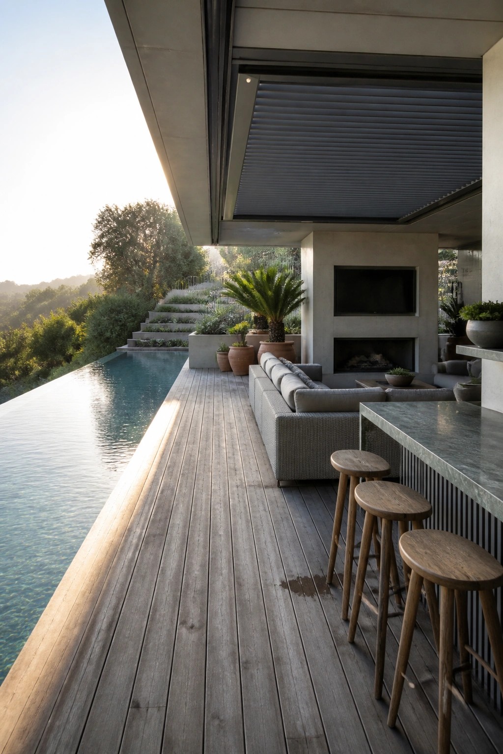 A modern outdoor terrace with a long wooden deck running beside an infinity pool, featuring a gray sectional sofa, wooden bar stools at a stone counter, a built-in fireplace with television above it, and hillside views beyond.