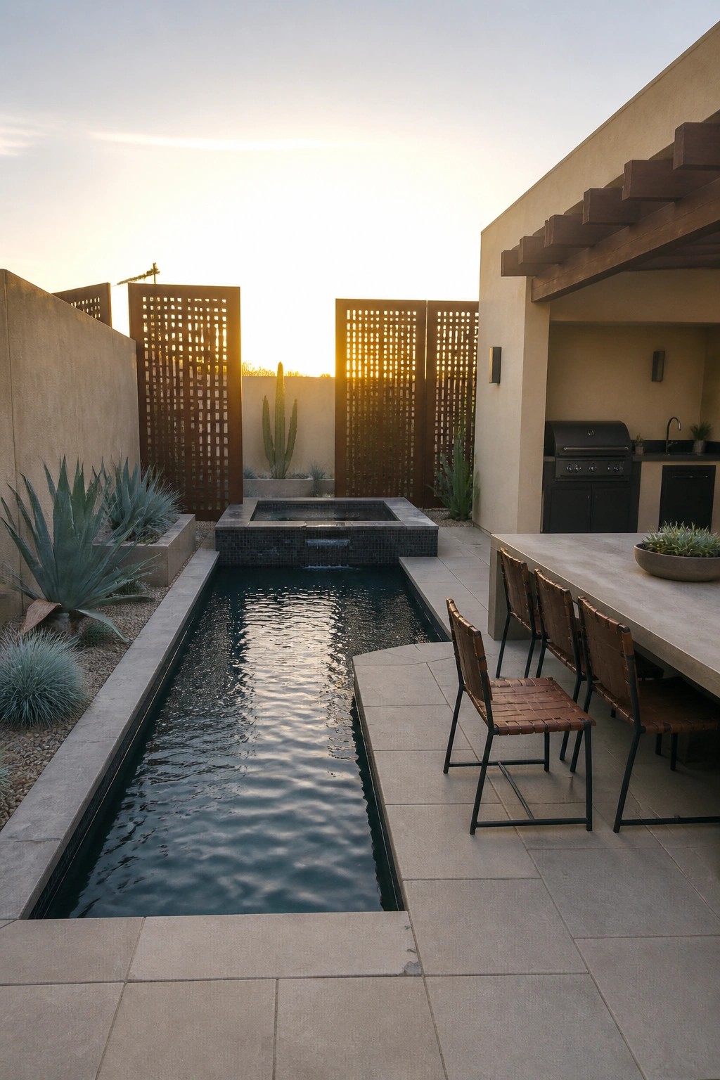 Modern backyard with long pool, dining table, grill, and desert plants at sunset