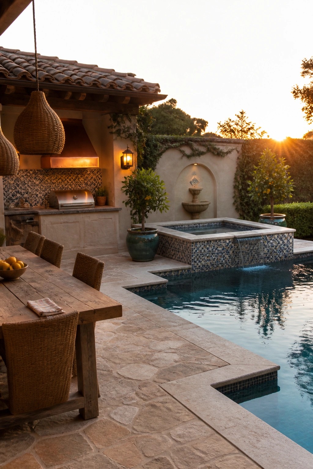 A poolside patio with an outdoor kitchen, wooden dining table, and small fountain beside the water at sunset.