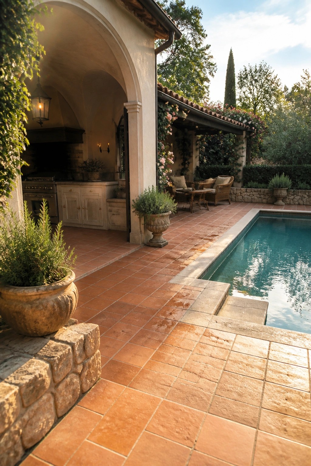 A villa patio with an outdoor kitchen under an arched loggia, terracotta tile flooring, and a swimming pool running along one side.