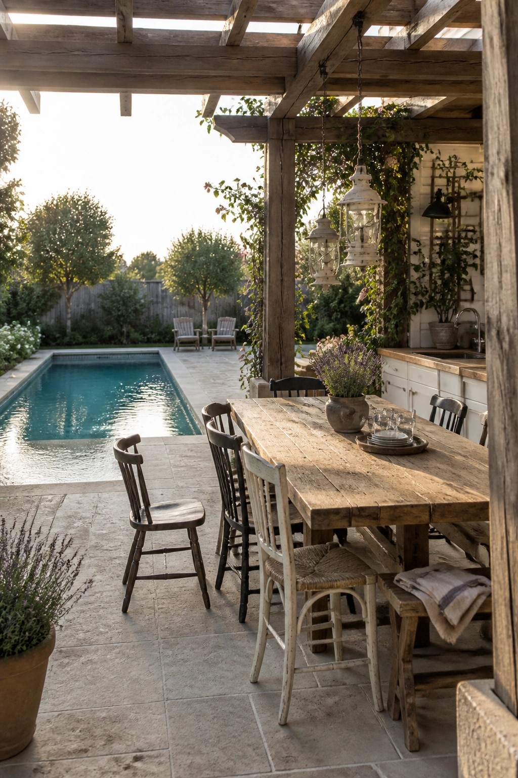 A long wooden dining table with mixed chairs sits under a pergola beside a rectangular swimming pool in a garden.
