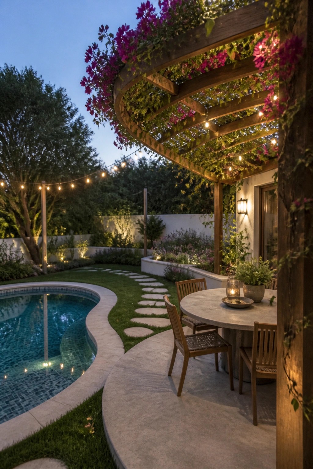 A backyard pool with a curved concrete patio, round dining table and chairs under a wooden pergola covered in pink flowering vines and string lights, with a stone path through the lawn.