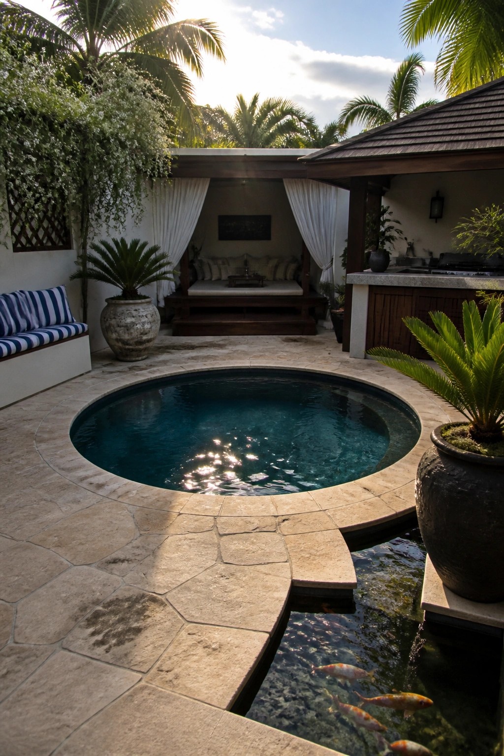 A round plunge pool set in a stone patio with a covered daybed area behind it, an outdoor kitchen to the right, and a narrow water feature with fish in the foreground.