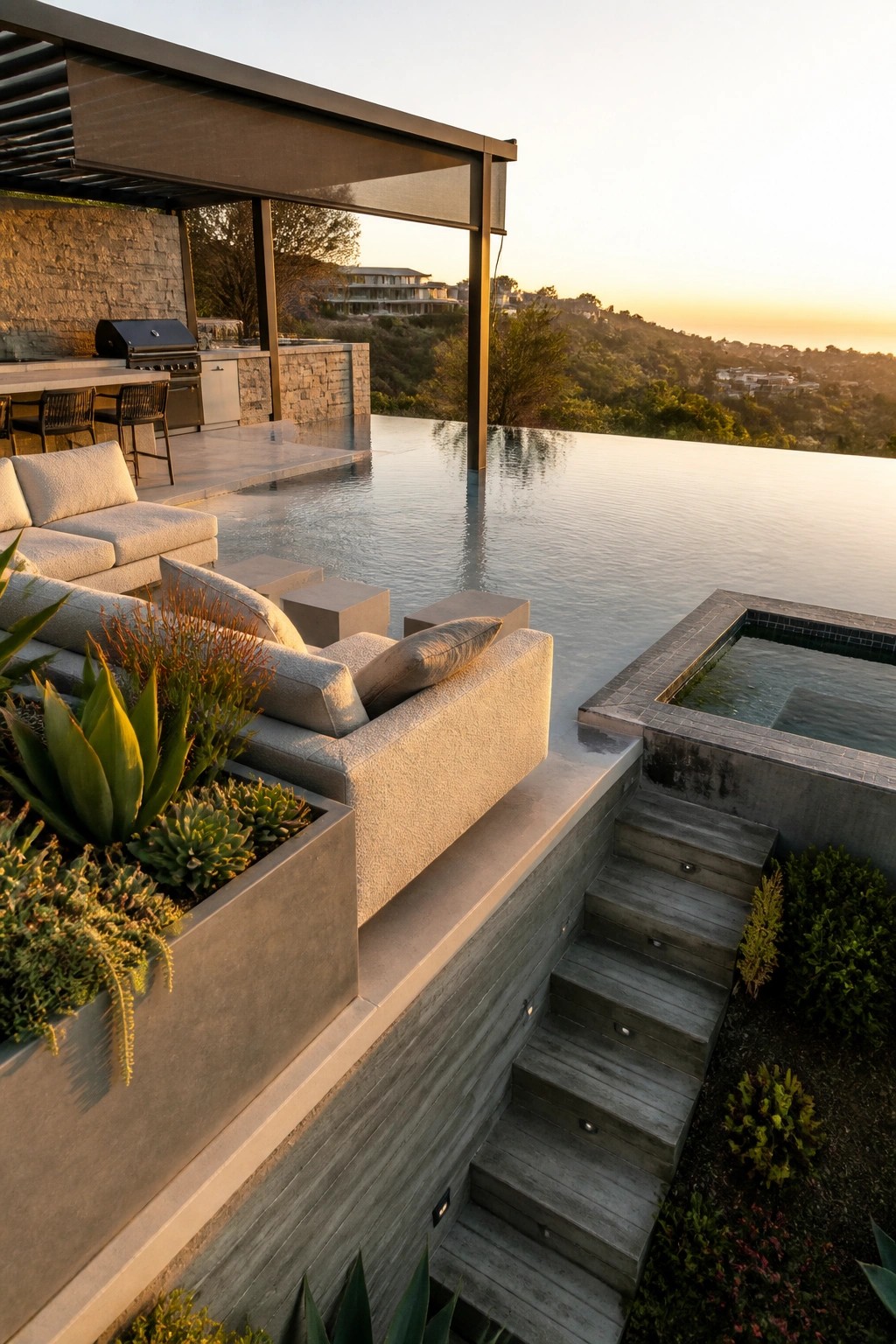 A modern poolside patio shows light gray modular sofas on a raised concrete platform next to an infinity pool, with wide gray wooden steps leading down and a concrete planter filled with succulents in the foreground.