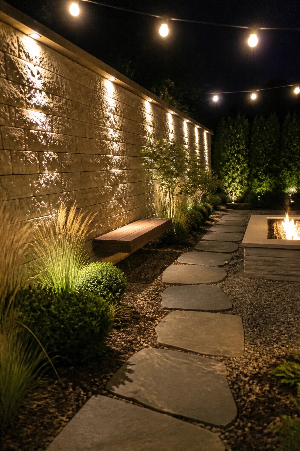 Nighttime photo of a tall stone wall lit by integrated wash lights, with a wooden bench, stepping stone path, fire pit, and string lights overhead in a landscaped backyard.