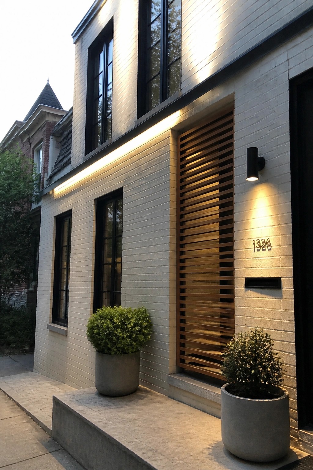 Modern white brick house exterior with black window frames, vertical wood slats covering a recessed area, two concrete planters with shrubs, linear lighting under the roof overhang, and a black wall sconce next to the house number 1326.